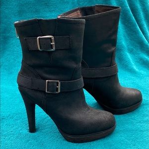 STEVE MADDEN Leather Platform Buckle Red-Zipper Wooden-Heeled Moto Boot